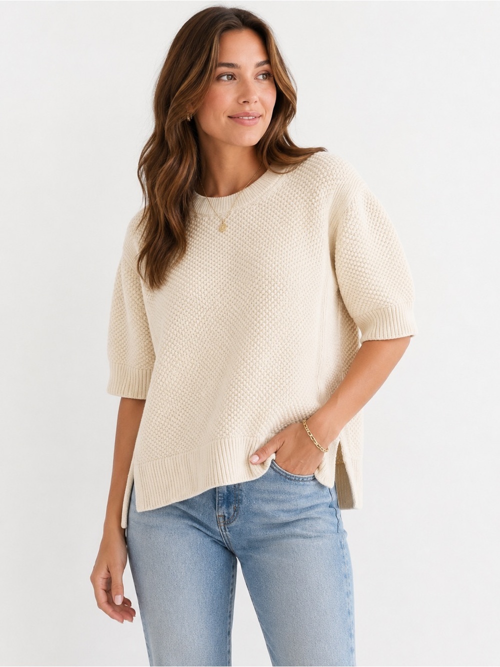 Banana Republic Textured Knit Sweater Medium Ivory Short Sleeve Oversized
